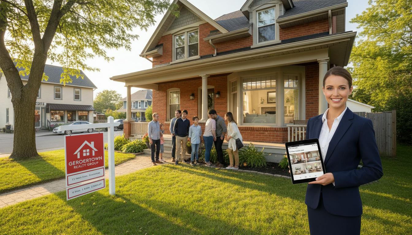 Staged home in Georgetown, Ontario with for sale sign and interested buyers