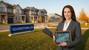 Realtor pointing to a map in a Georgetown, Ontario neighborhood with homes and GO train station visible.