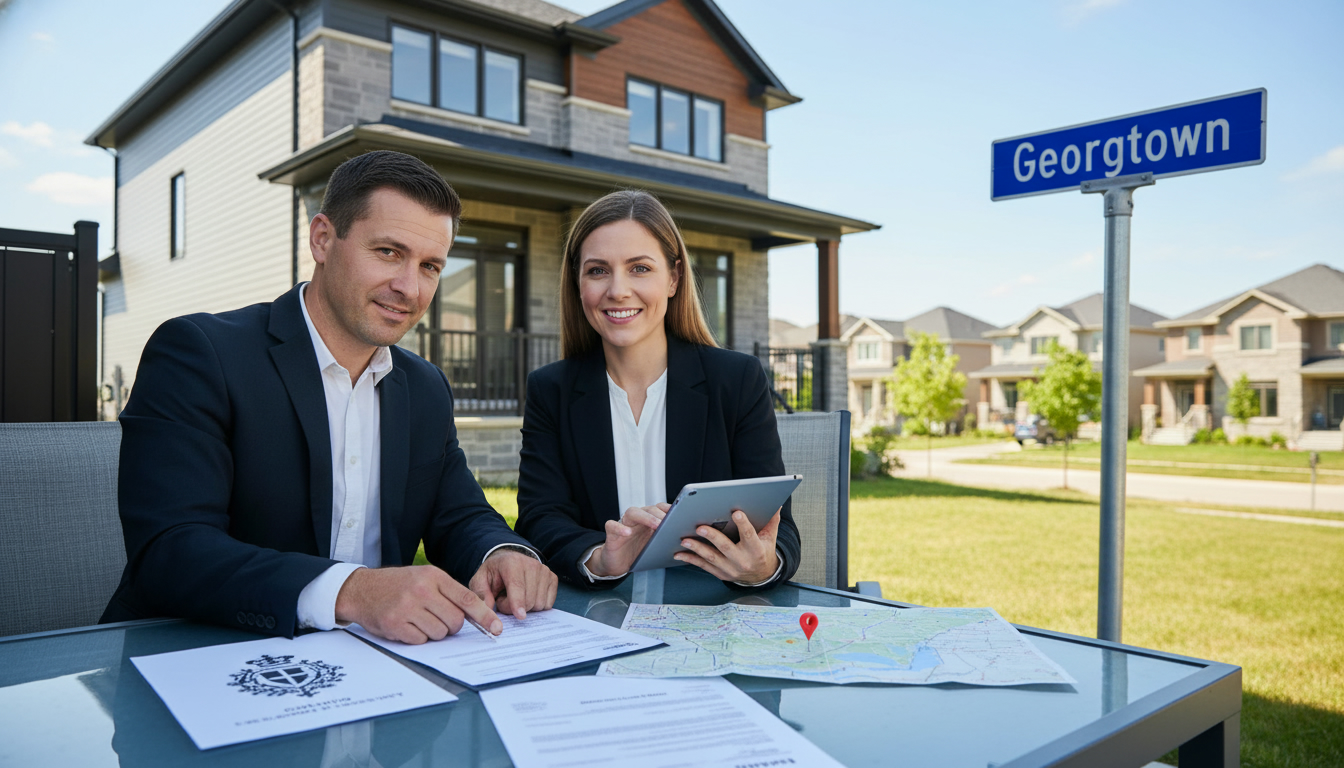 Georgetown Ontario house with realtor and homeowner reviewing property legal documents and title search