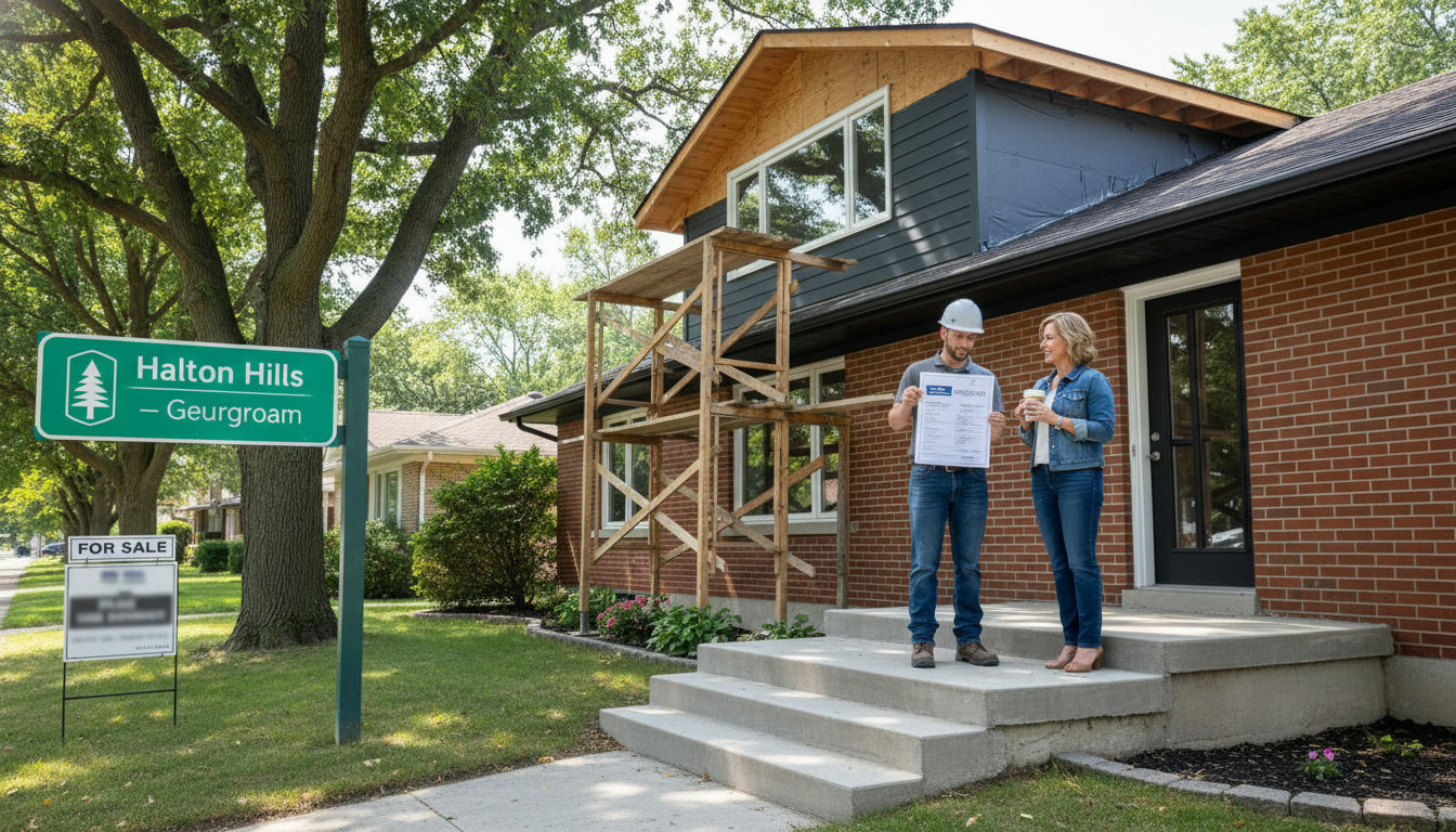 Georgetown Ontario home renovation with contractor showing permit paperwork to homeowner in front of house