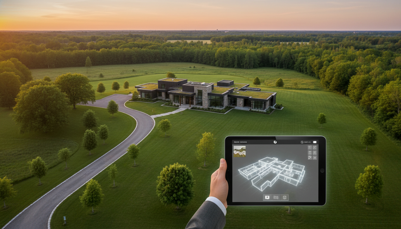Drone view of a luxury rural home near Georgetown with realtor showing virtual tour on a tablet