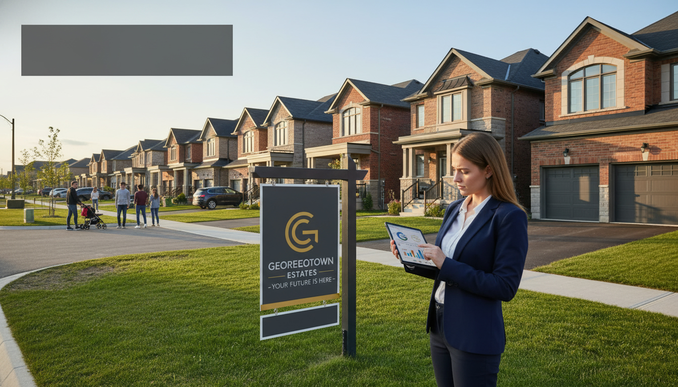 Georgetown Ontario houses with real estate sign and realtor reviewing market data on a tablet