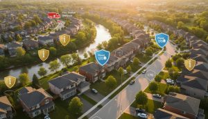 Aerial view of Georgetown Ontario neighborhood with overlays indicating flood risk, fire station distance, and insurance icons.