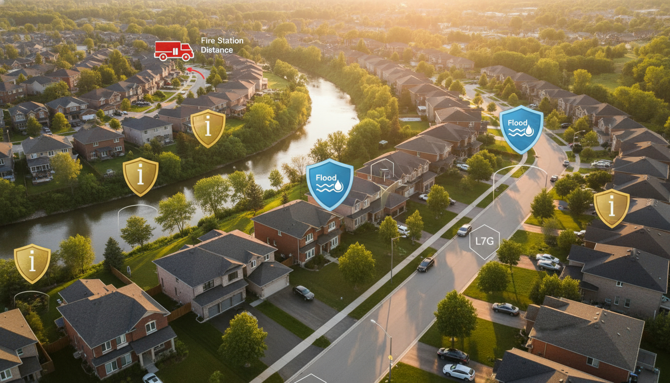 Aerial view of Georgetown Ontario neighborhood with overlays indicating flood risk, fire station distance, and insurance icons.