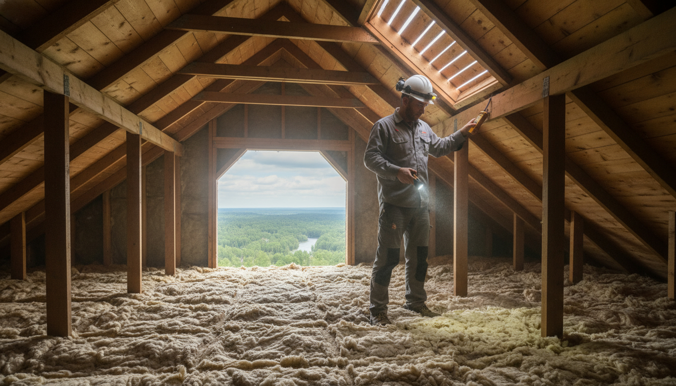 Home inspector in a Georgetown Ontario attic using a flashlight and moisture meter to check for mold and rot.