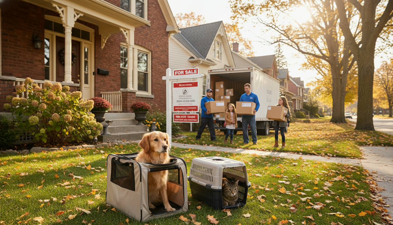 Family moving with a calm dog and cat outside a Georgetown, Ontario home with a For Sale sign