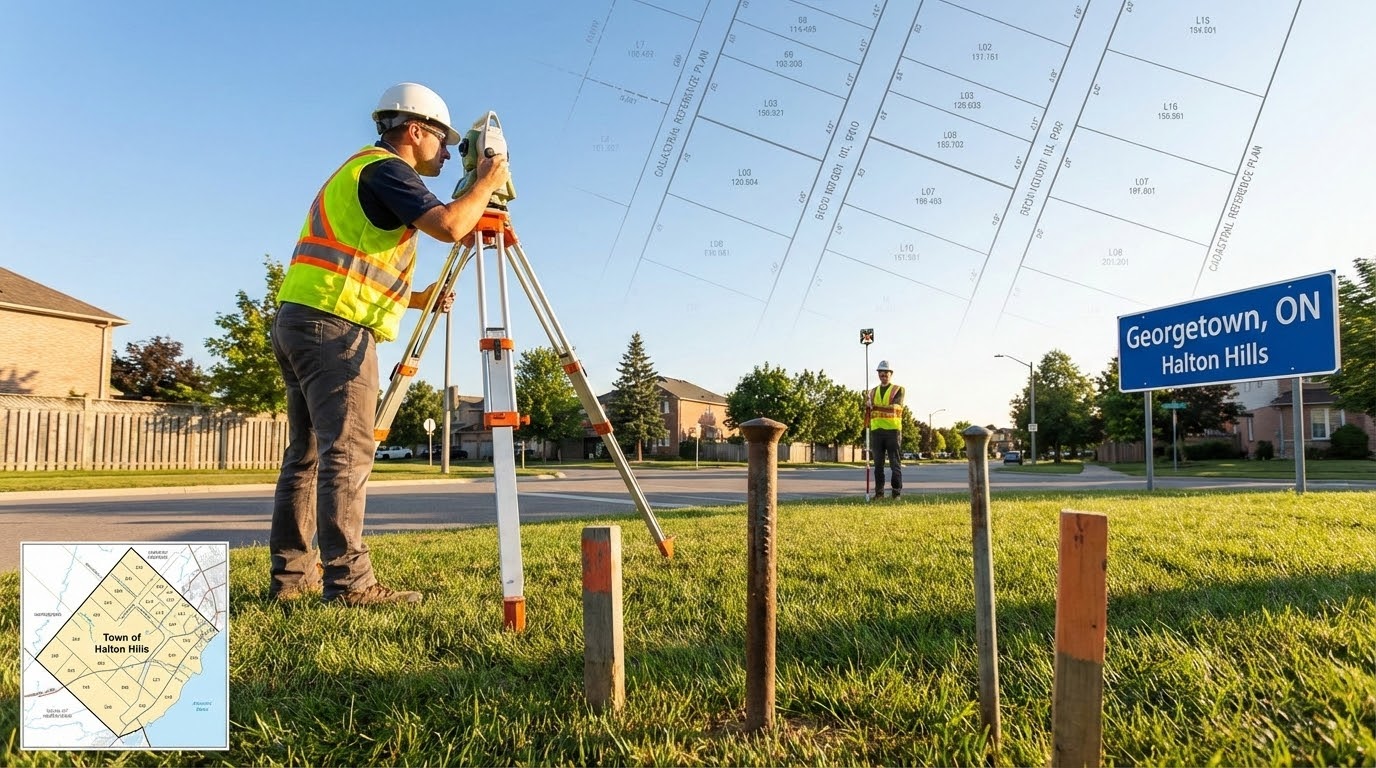 Ontario land surveyor measuring property boundary with cadastral map overlay in Georgetown, Ontario