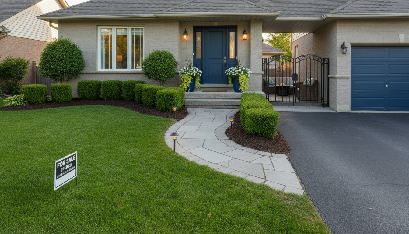 Manicured Georgetown, Ontario front yard with stone walkway, fresh mulch, and warm pathway lighting at dusk