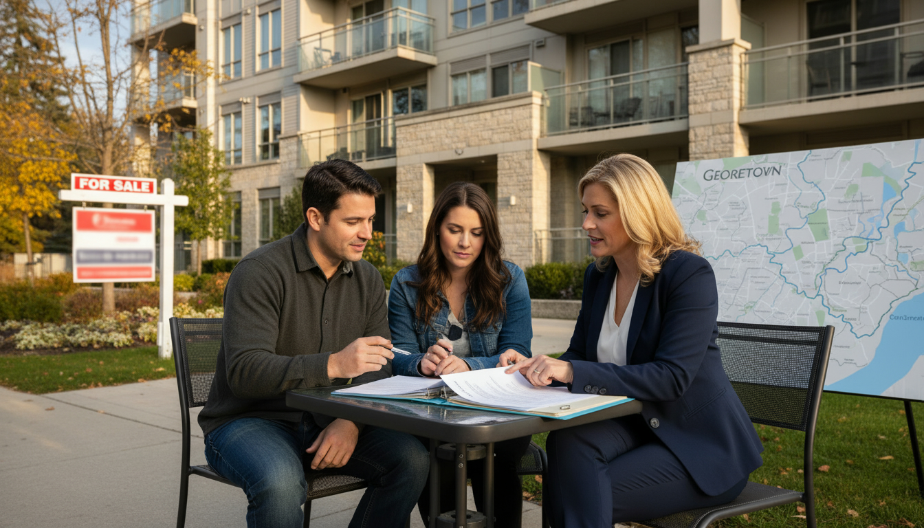 Realtor and couple reviewing condo insurance and Status Certificate outside a Georgetown condominium.