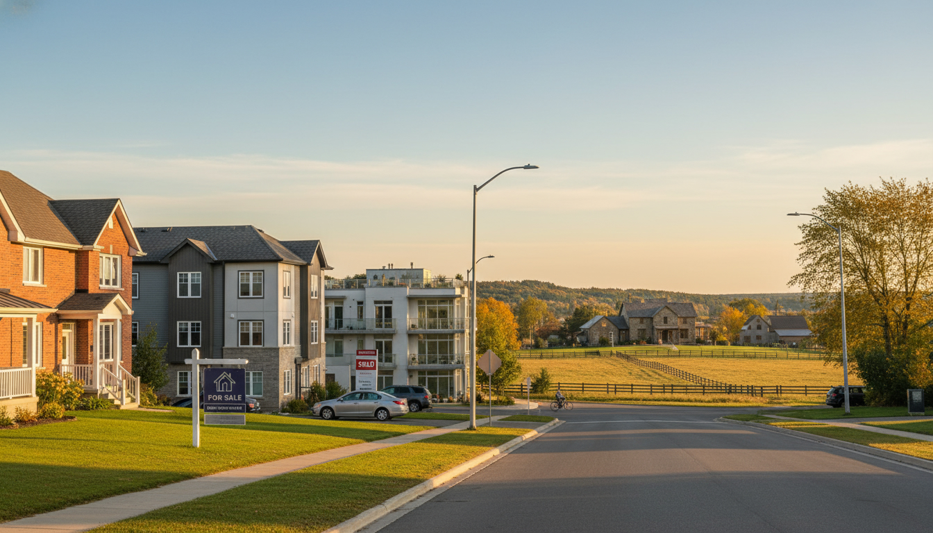 Street view in Georgetown Ontario showing detached home, townhouse, condo building, and acreage with for sale and sold signs.