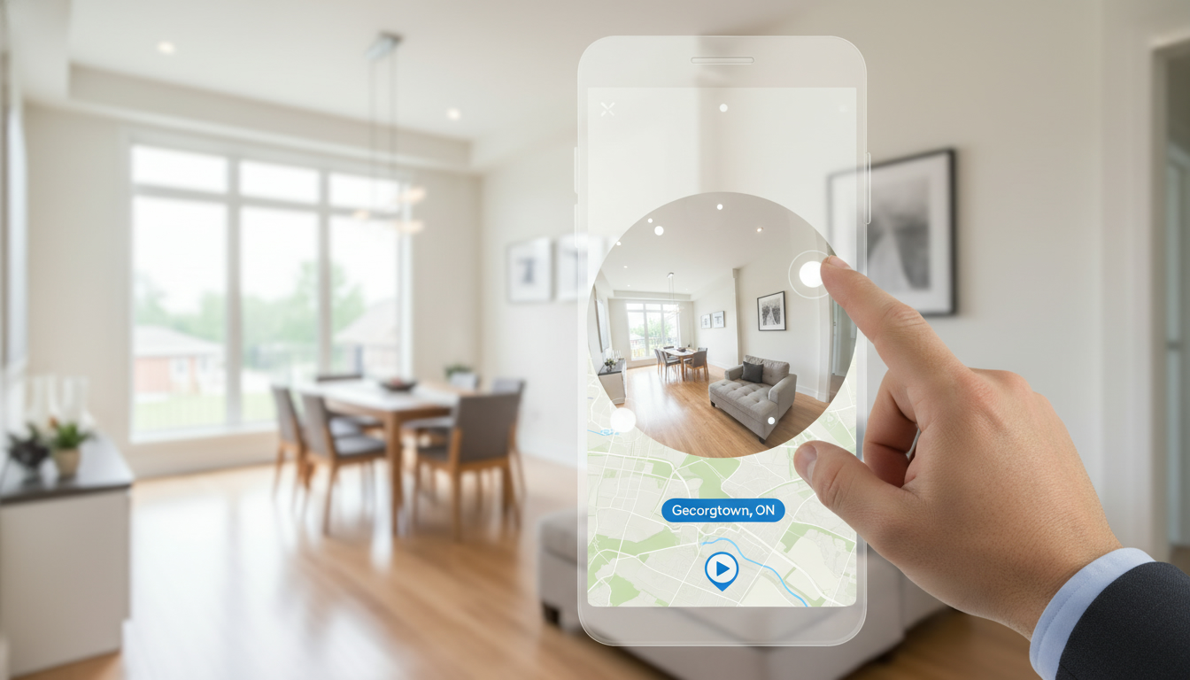 Smartphone displaying a 360° virtual tour overlayed on a modern Georgetown home interior, realtor pointing at screen