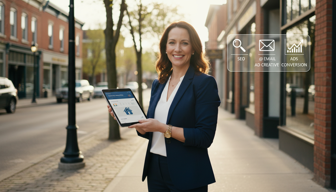 Realtor in Georgetown ON with tablet showing real estate marketing analytics and icons representing SEO, ads, and email marketing
