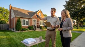 Home inspector with clipboard outside a Georgetown, Ontario home reviewing appraisal documents