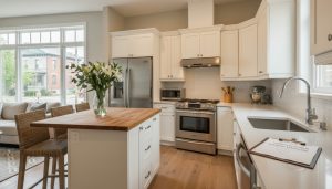 Staged Georgetown kitchen with modern stainless-steel appliances and realtor clipboard on counter