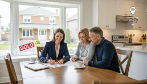 Realtor reviewing offers with homeowners in a Georgetown, Ontario kitchen; sold sign visible outside.