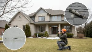 Home inspector examining roof and foundation of a Georgetown, Ontario house with clipboard and binoculars