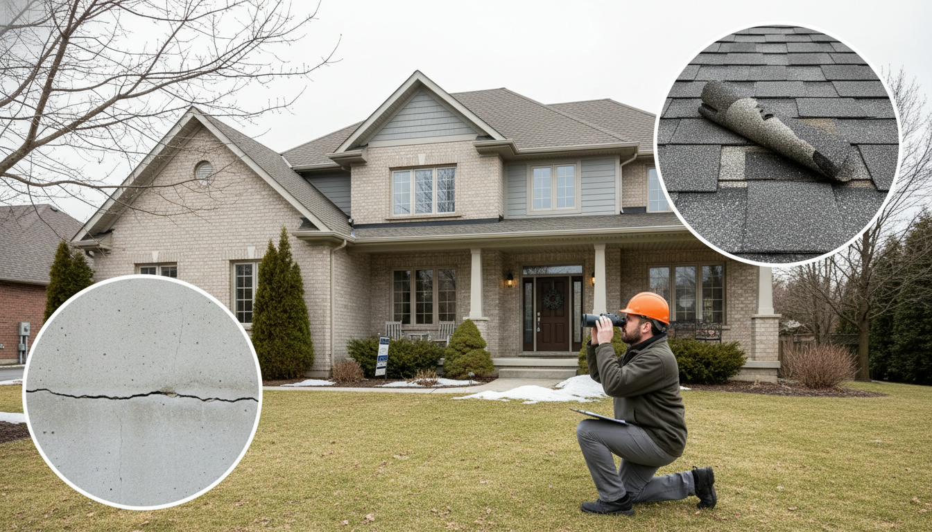 Home inspector examining roof and foundation of a Georgetown, Ontario house with clipboard and binoculars