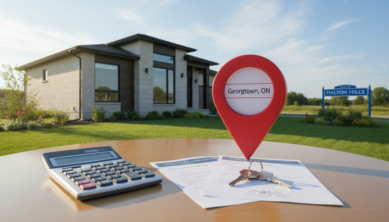 Calculator, real estate documents and house keys in front of a Georgetown, Ontario house with Halton Hills sign.