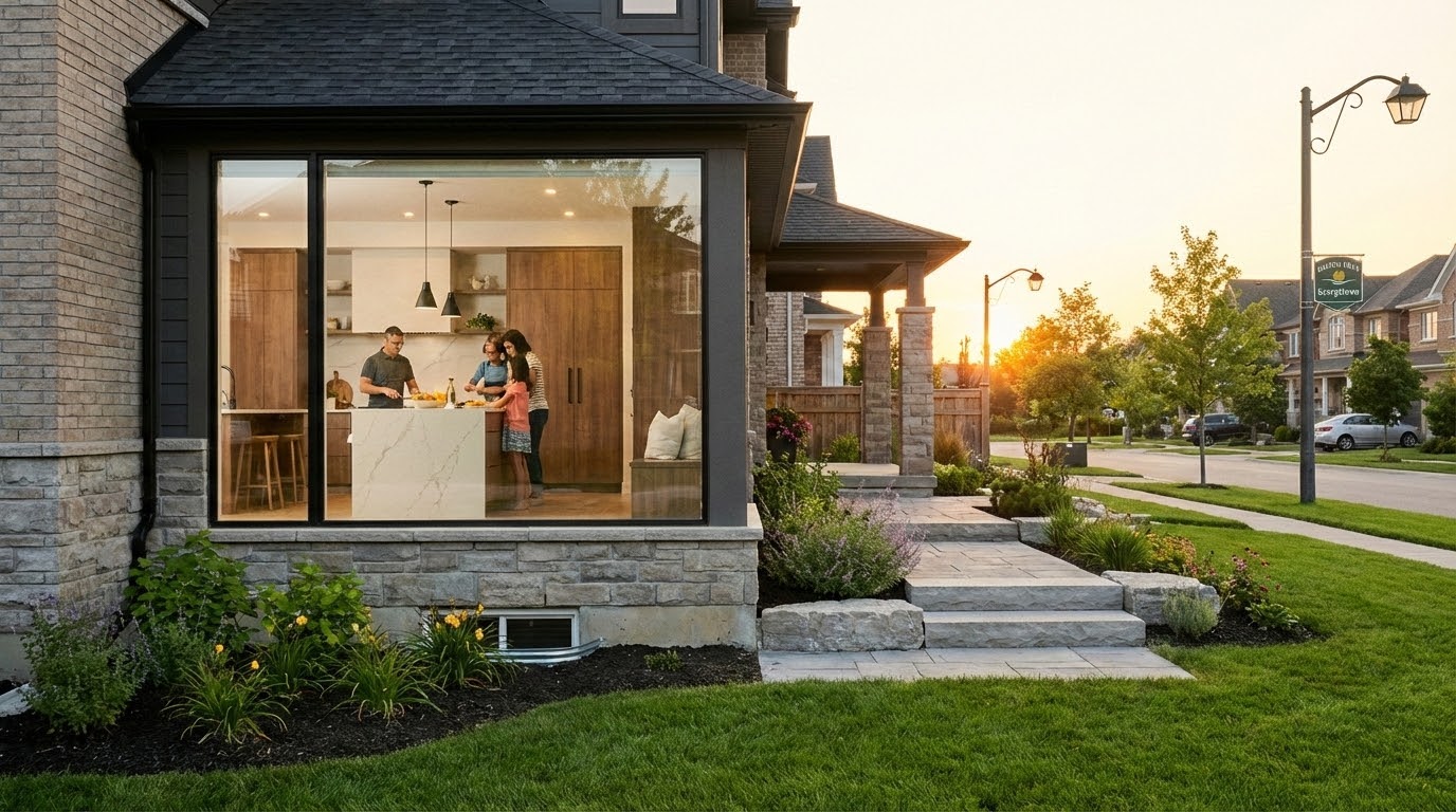 Well-staged Georgetown home exterior with updated kitchen visible and fresh landscaping, Halton Hills backdrop.