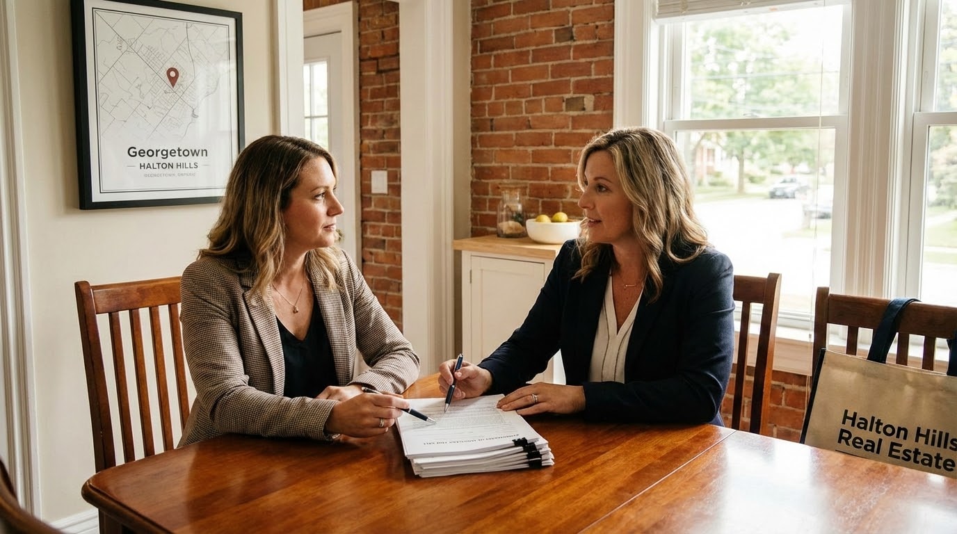 Realtor and seller reviewing a home sale contract in a Georgetown, Ontario kitchen with local map pin visible.