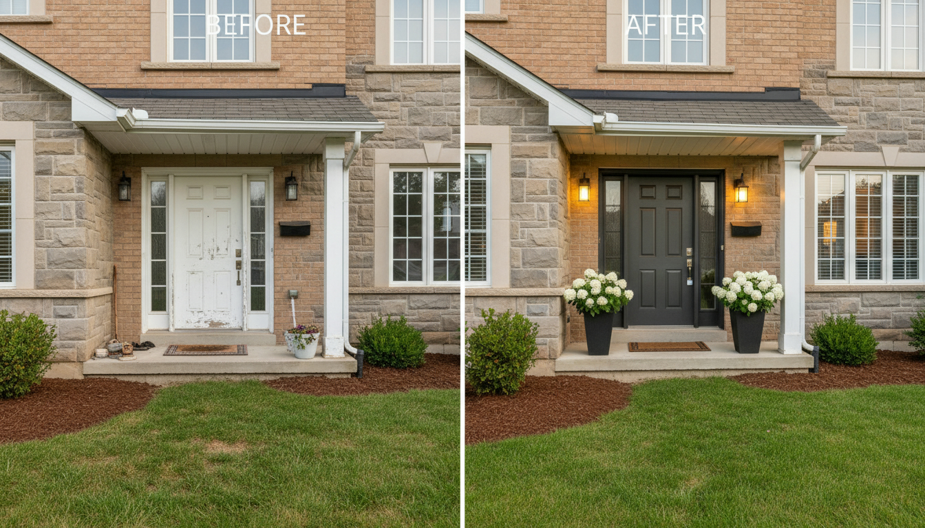 Georgetown Ontario home with refreshed curb appeal and staged entry, before and after comparison.