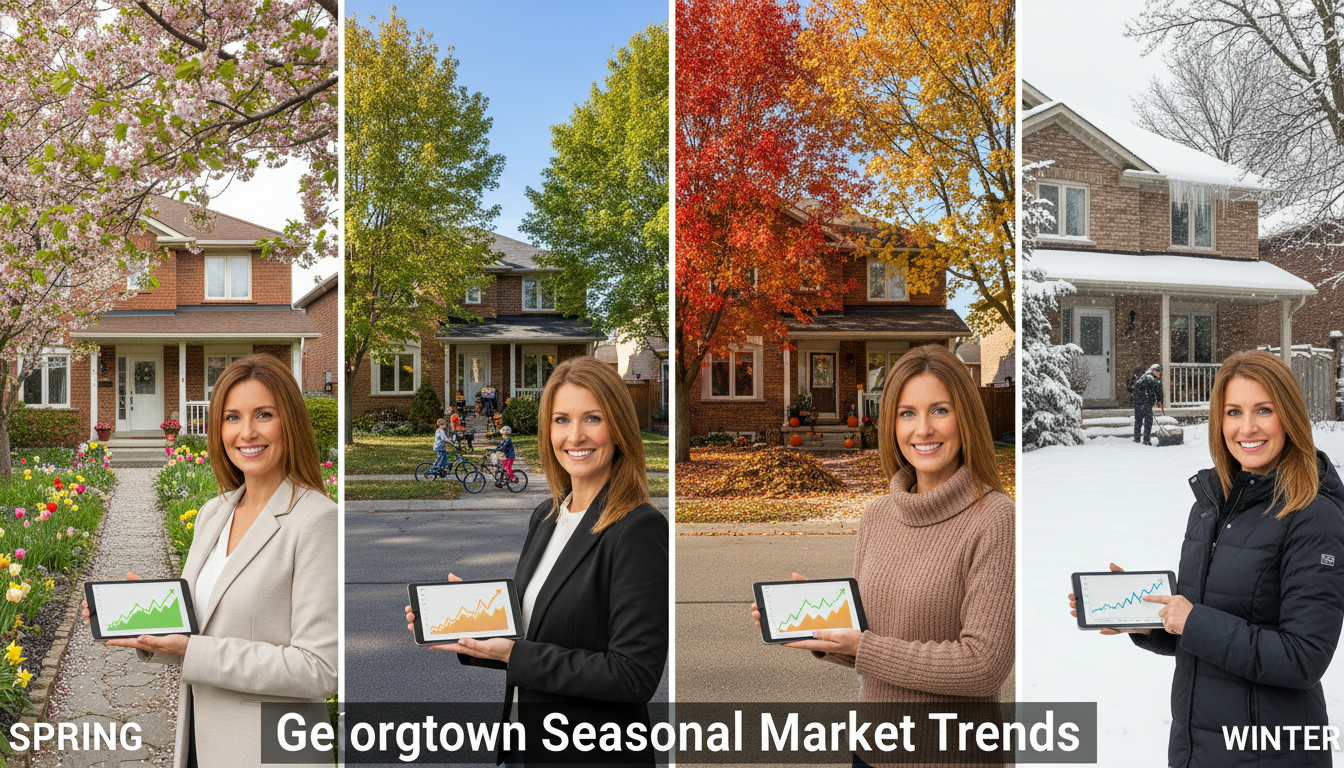 Georgetown houses in spring, summer, fall, and winter with a realtor holding market graphs