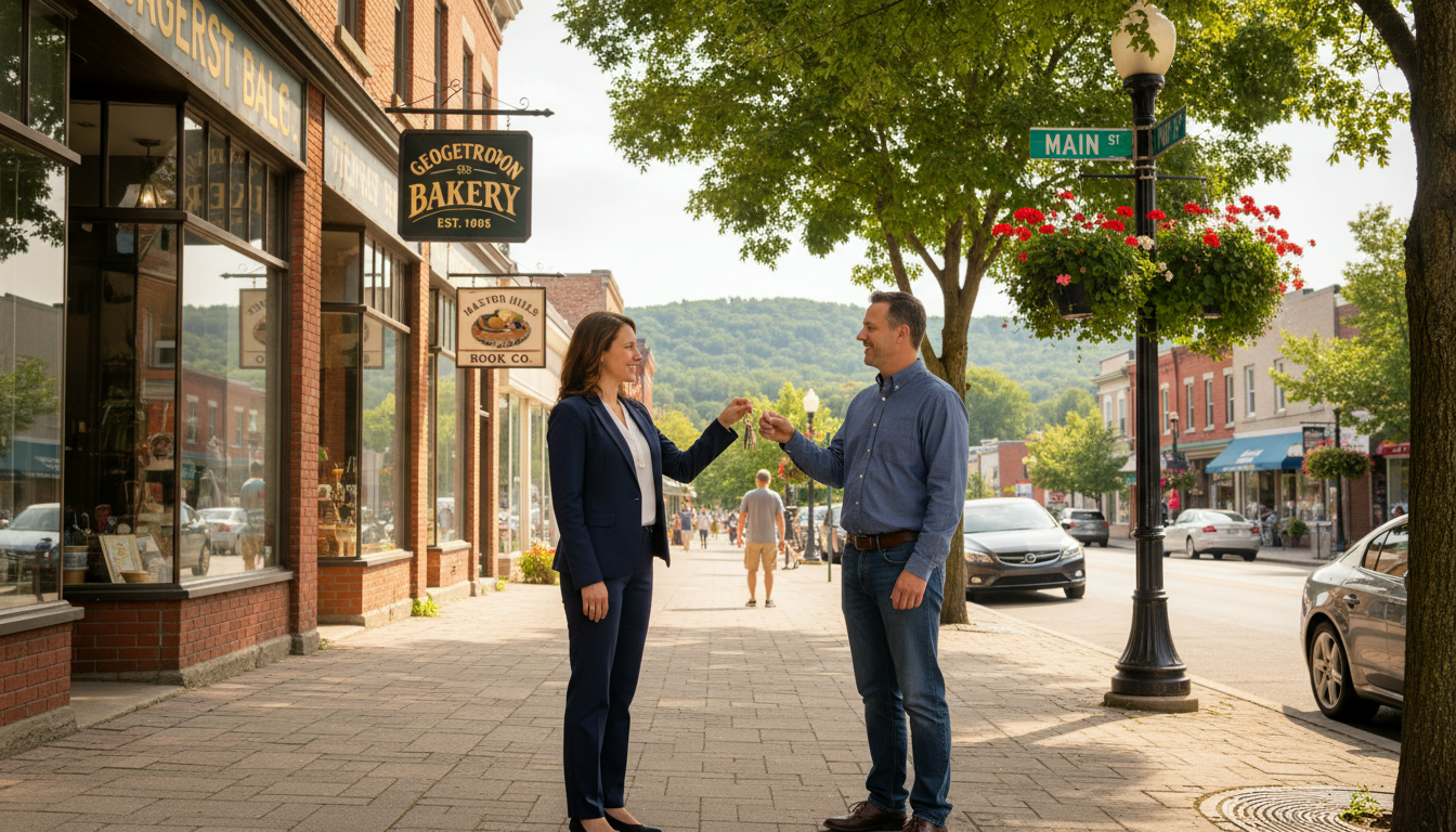 Real estate agent handing keys to homeowner on Main Street in Georgetown, Ontario