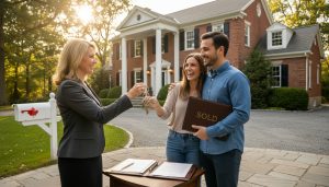 Realtor handing keys to buyers outside a house in Georgetown, Ontario with closing documents visible