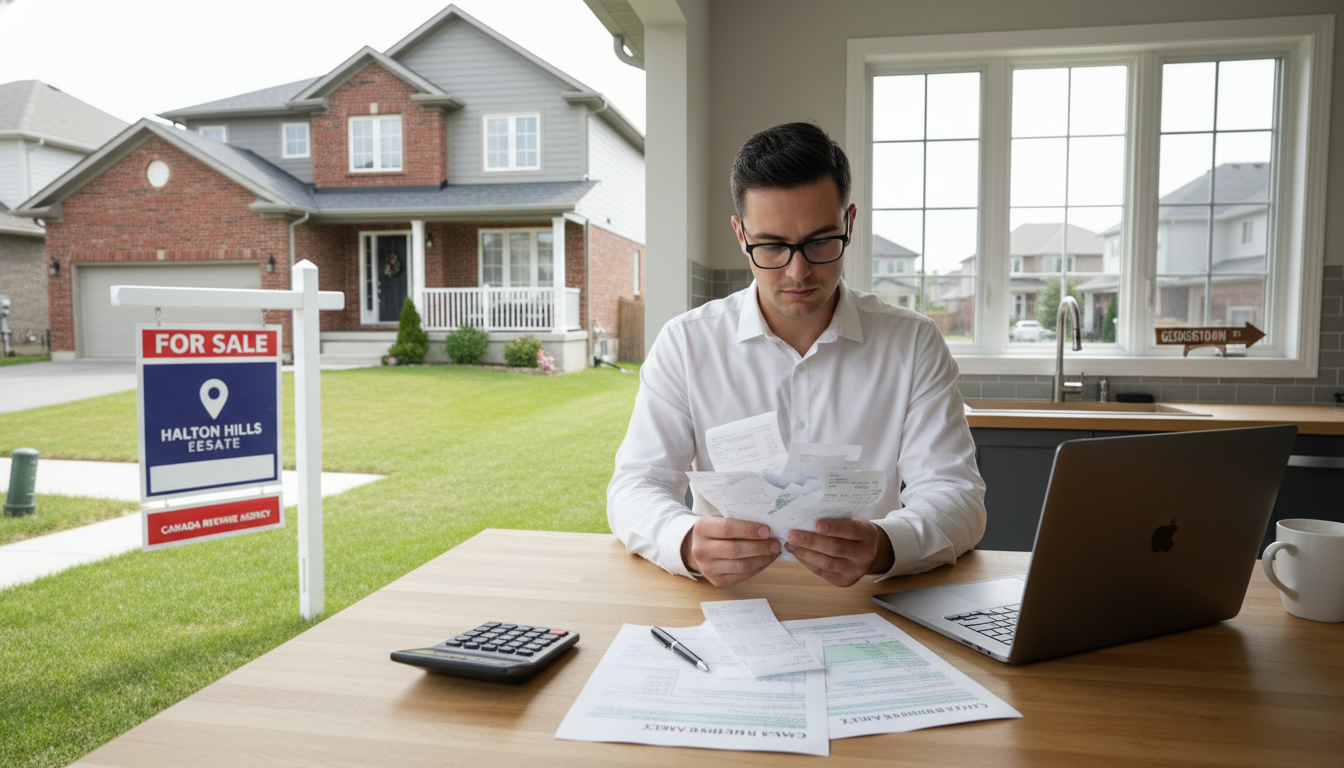 Georgetown Ontario house for sale with tax forms, calculator and renovation receipts on a table