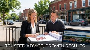 Realtor advising homeowner in Georgetown ON with renovation plans and permit approval documents