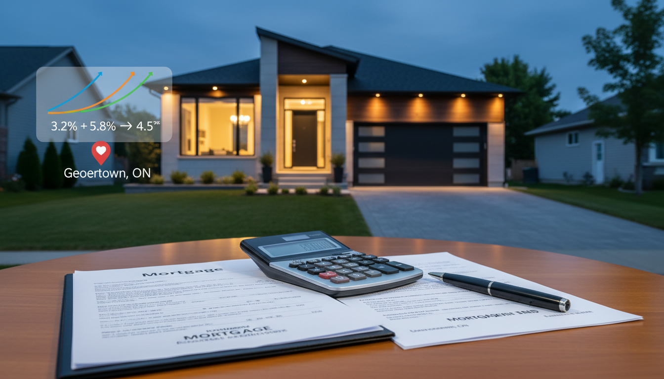 Georgetown home with mortgage documents, calculator, and blended rate graphic showing combined interest rates