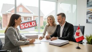 Georgetown Ontario home seller signs closing documents with lawyer and 'Sold' sign in background