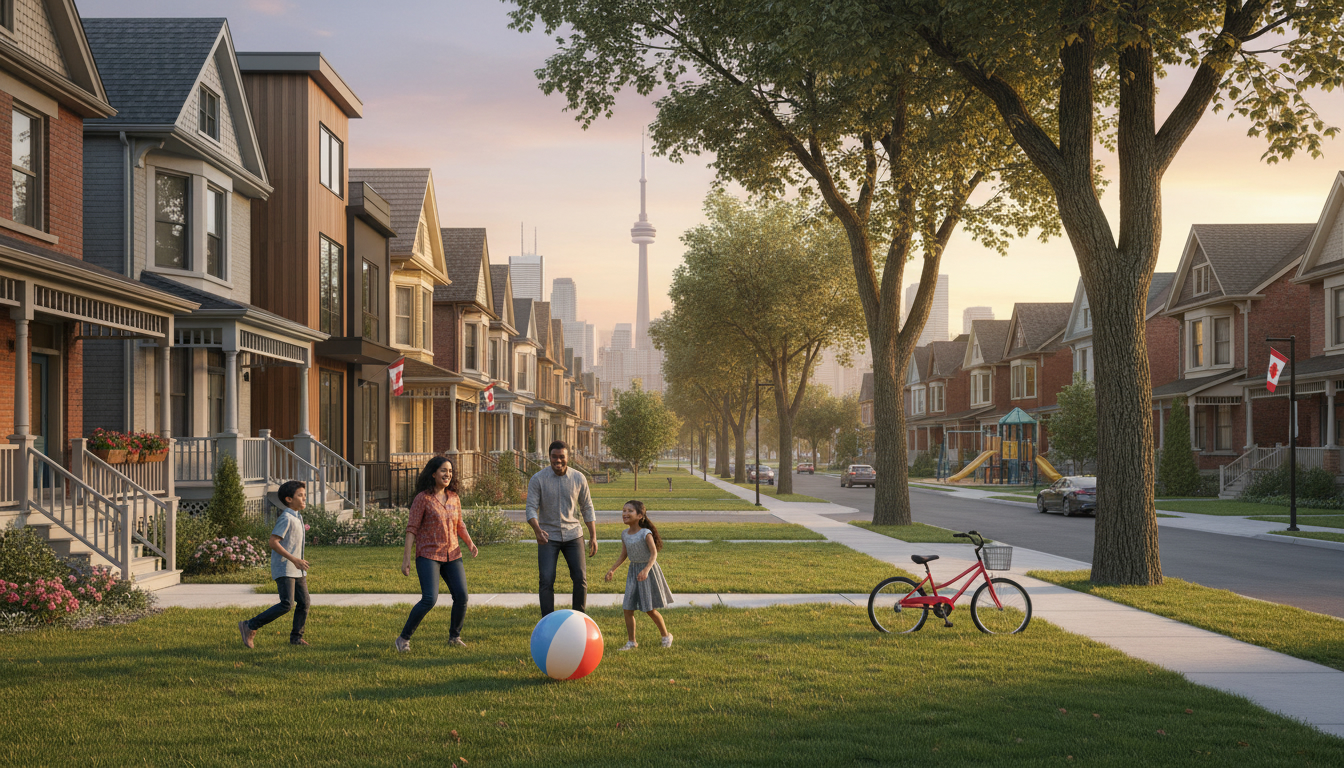 Family playing in a tree-lined Toronto neighborhood with houses, park, and distant skyline.