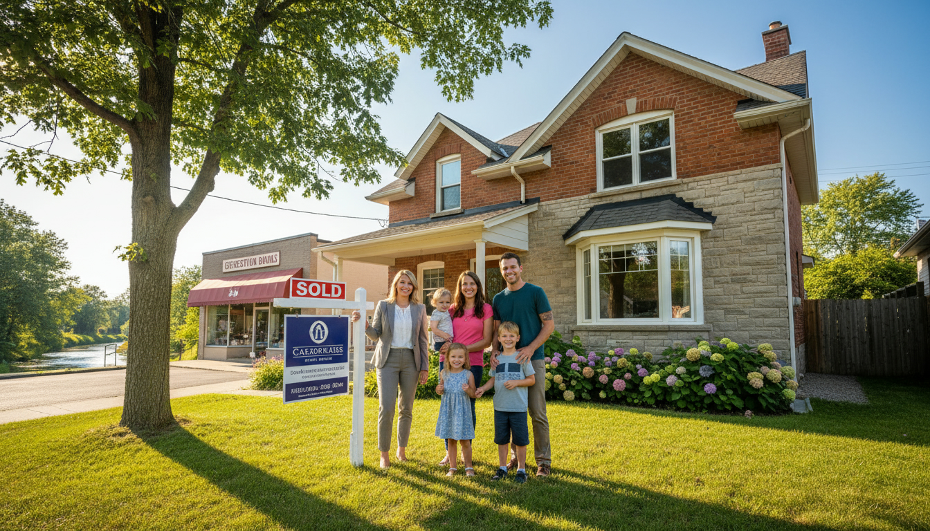Smiling family and realtor in front of a sold home in Georgetown, Ontario.
