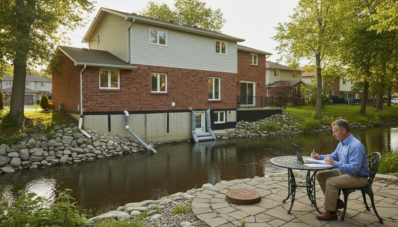 Georgetown home with flood mitigation measures: sump pump discharge, sealed foundation, backwater valve hatch, extended downspouts, homeowner reviewing insurance documents