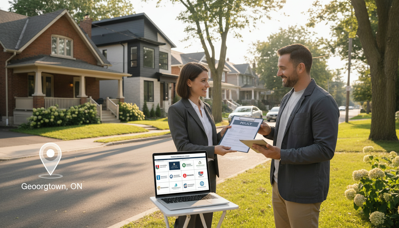 Realtor showing insurance quotes on a laptop to a homeowner in Georgetown, Ontario neighborhood
