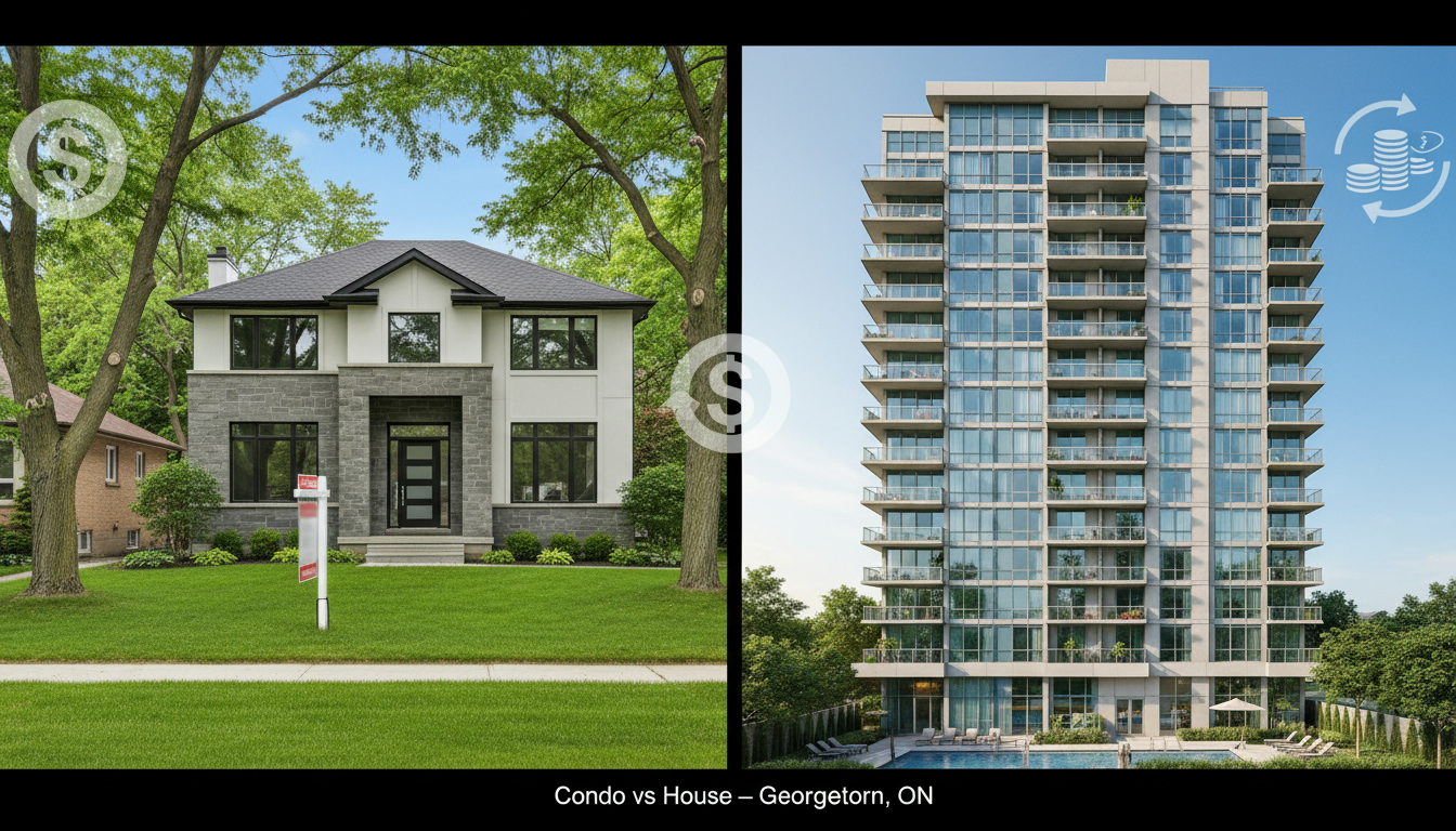 Split image of a Georgetown detached house and a condo building showing comparison for investment and resale value.