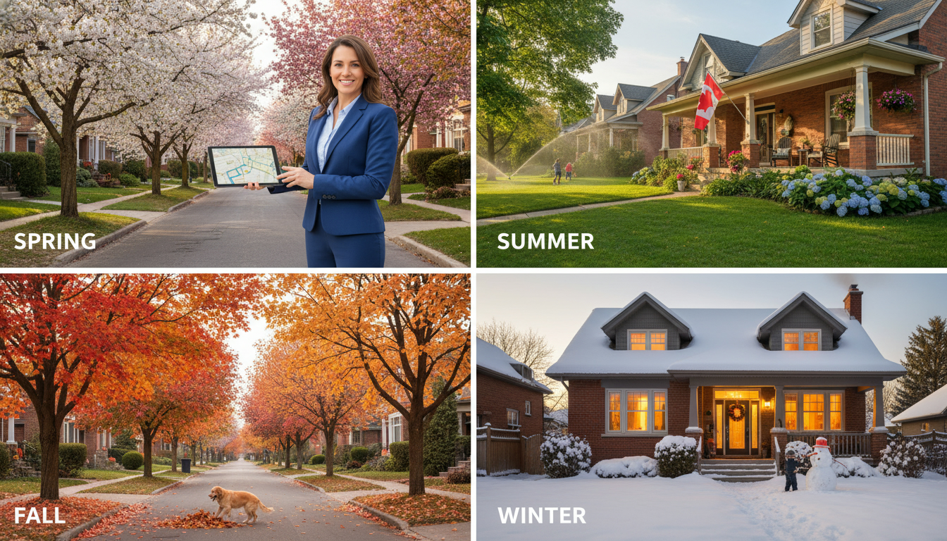 Georgetown ON neighborhood across four seasons with a local realtor pointing to a home on a tablet