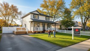 Family-friendly home exterior in Georgetown Ontario with children playing in a fenced yard and a 'For Sale' sign