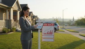 Realtor analyzing pricing charts beside a 'For Sale' sign in Georgetown, Ontario