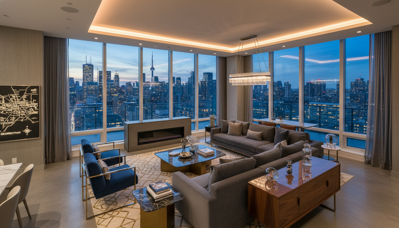 Staged luxury condo interior with Toronto skyline view at twilight, showing high-end finishes and floor-to-ceiling windows