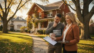 Real estate agent and homeowner reviewing a home inspection report in front of a Georgetown, Ontario house