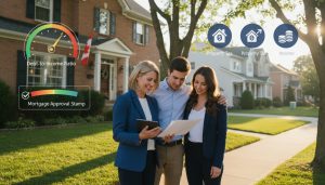 Realtor reviewing mortgage documents with a couple outside a Georgetown, Ontario home showing a debt-to-income ratio gauge