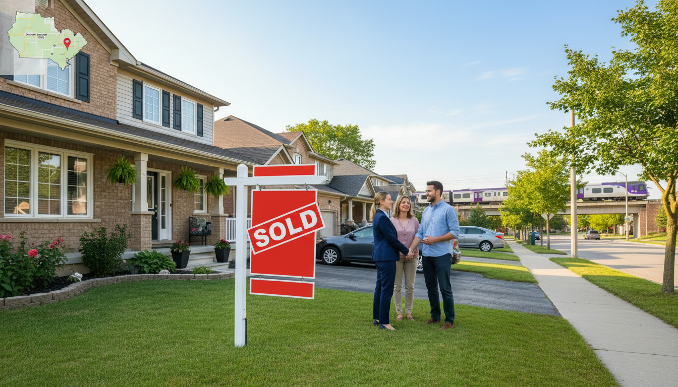 Suburban Georgetown Ontario home with SOLD sign, real estate agent and homeowners outside, map inset showing Ontario and Georgetown marker