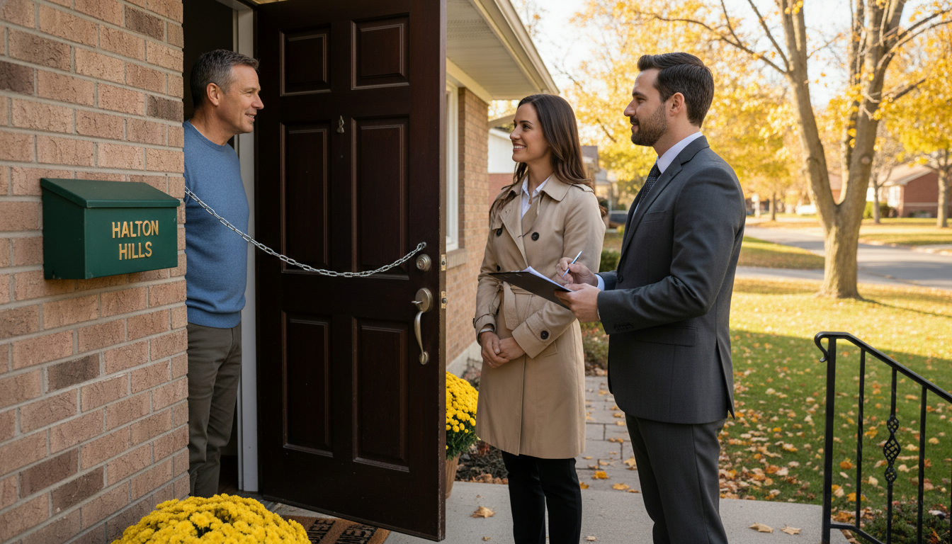 Homeowner speaking through front door to prospective buyer and realtor on a suburban Georgetown, Ontario porch.