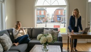 Homeowner taking a break while real estate agent prepares showings in a bright Georgetown home