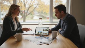Realtor and homeowner reviewing offers at a Georgetown, Ontario home with Main Street visible through window.
