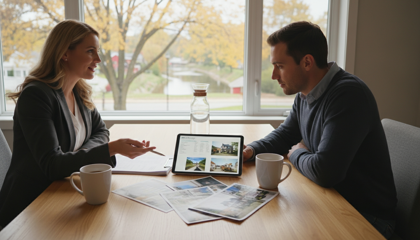 Realtor and homeowner reviewing offers at a Georgetown, Ontario home with Main Street visible through window.