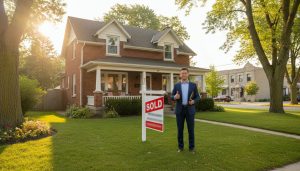 Suburban Georgetown, Ontario house with SOLD sign and realtor holding clipboard, Main Street in background