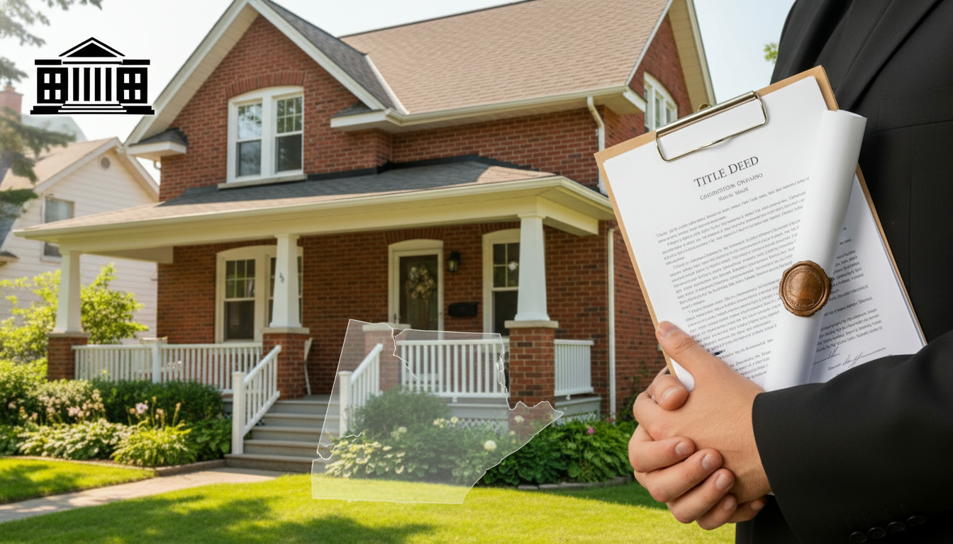 Georgetown home with legal documents and courthouse silhouette, Halton Hills map in background